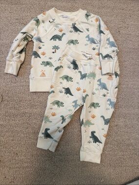 Angel Dear Cream Baby Sweatshirt & Joggers with Green Dino Print